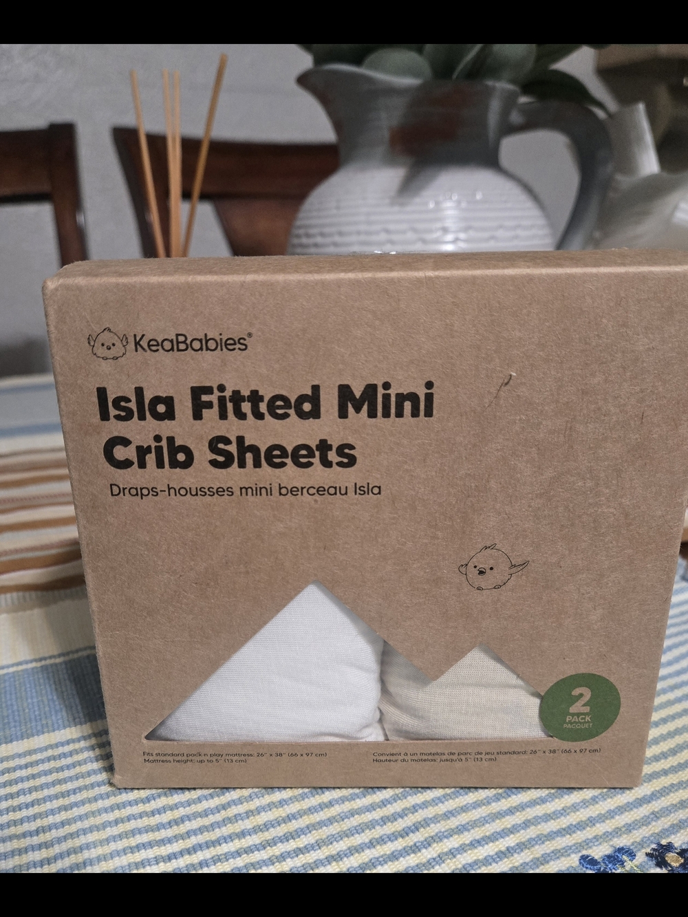 KeaBabies Isla Fitted Mini Crib Sheets - White & Beige (2 Pack)